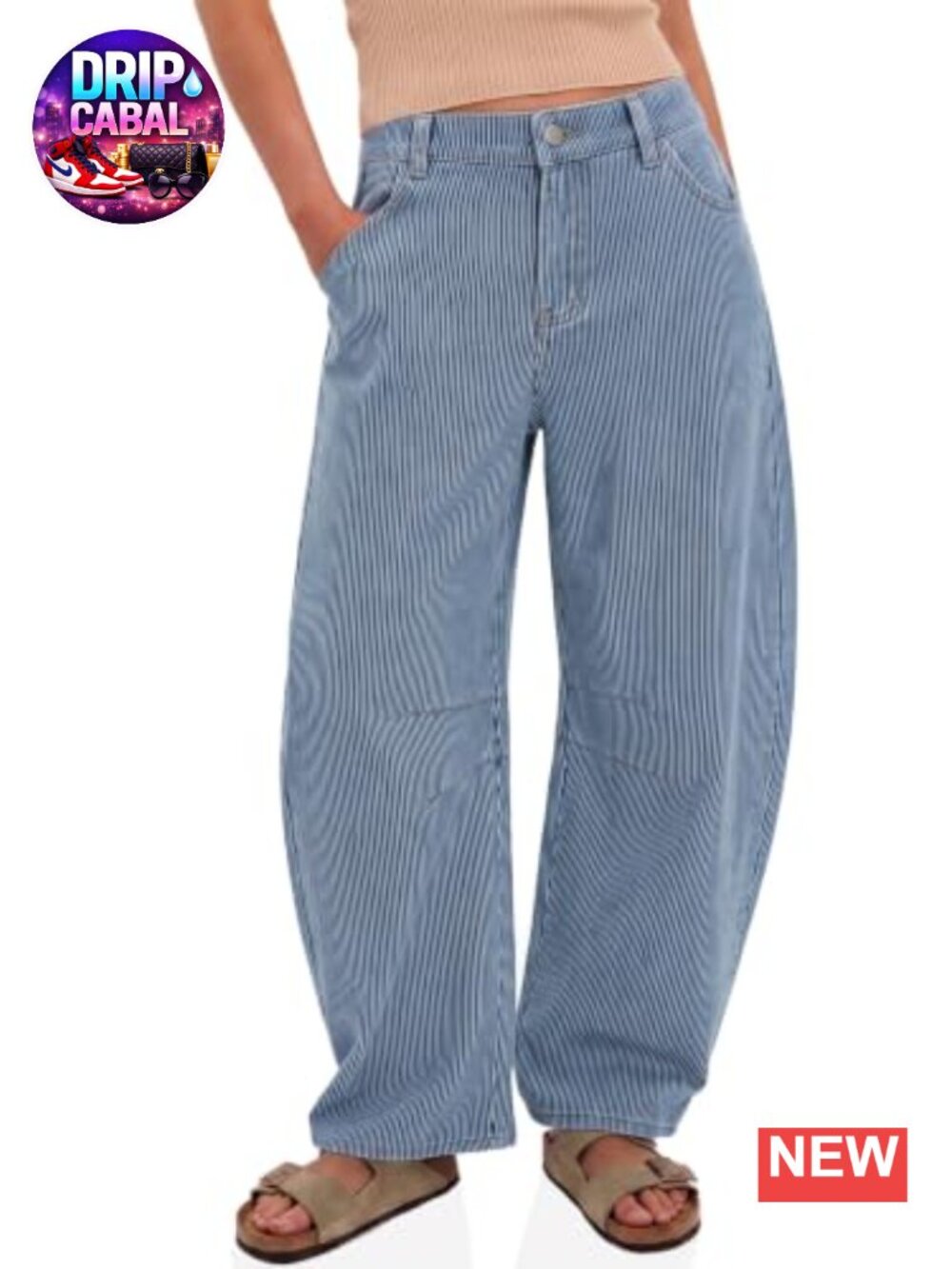 Womens Striped Barrel Jeans High Waisted Wide Leg Baggy Denim Pants